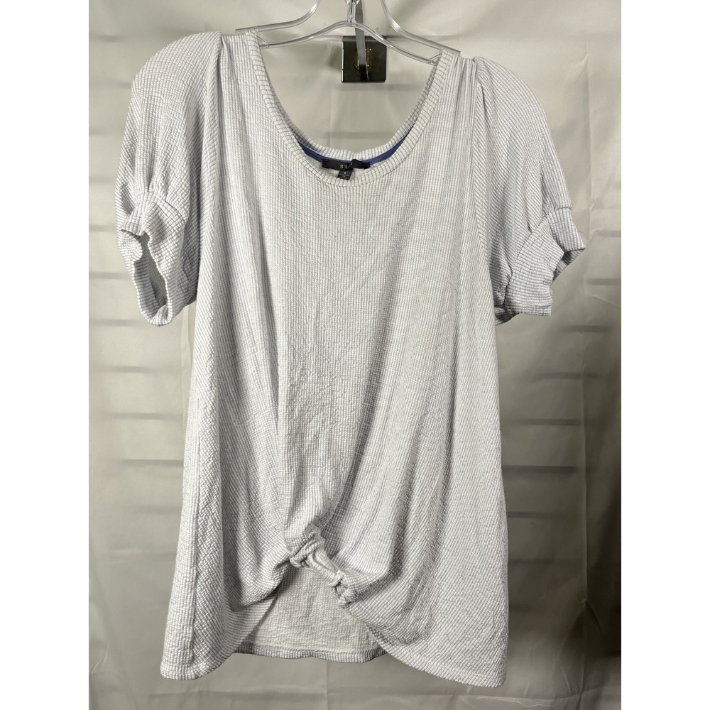 eVT S White Blue Stripe Textured Twist Front Short Sleeve Top Women's Size S